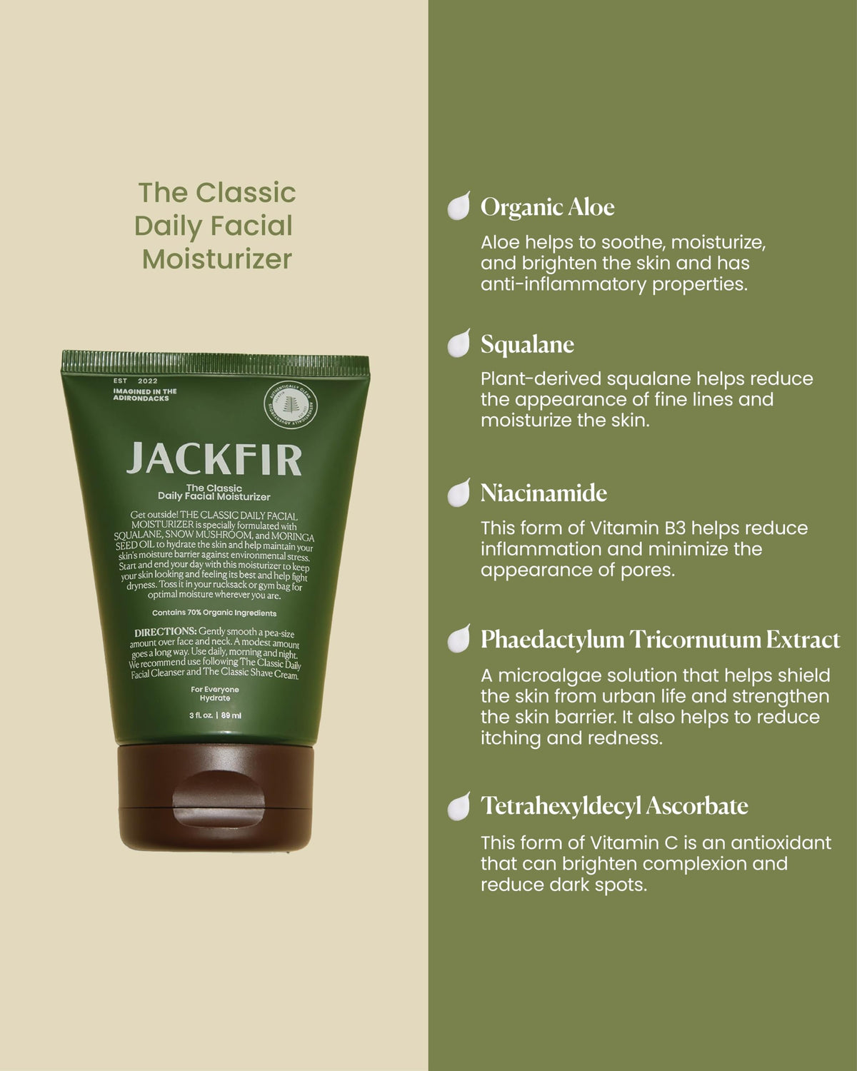 Jackfir Classic Daily Facial Moisturizer tube closeup highlighting organic ingredients
