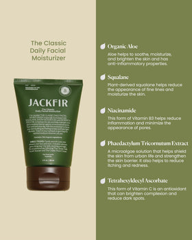 Jackfir Classic Daily Facial Moisturizer tube closeup highlighting organic ingredients