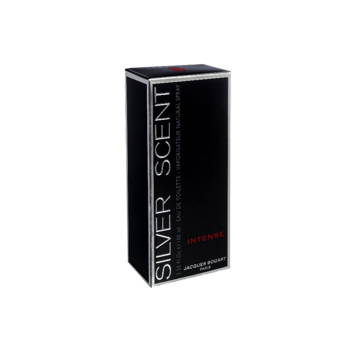 Packaging box for Jacques Bogart Silver Scent Intense, compact dimensions.