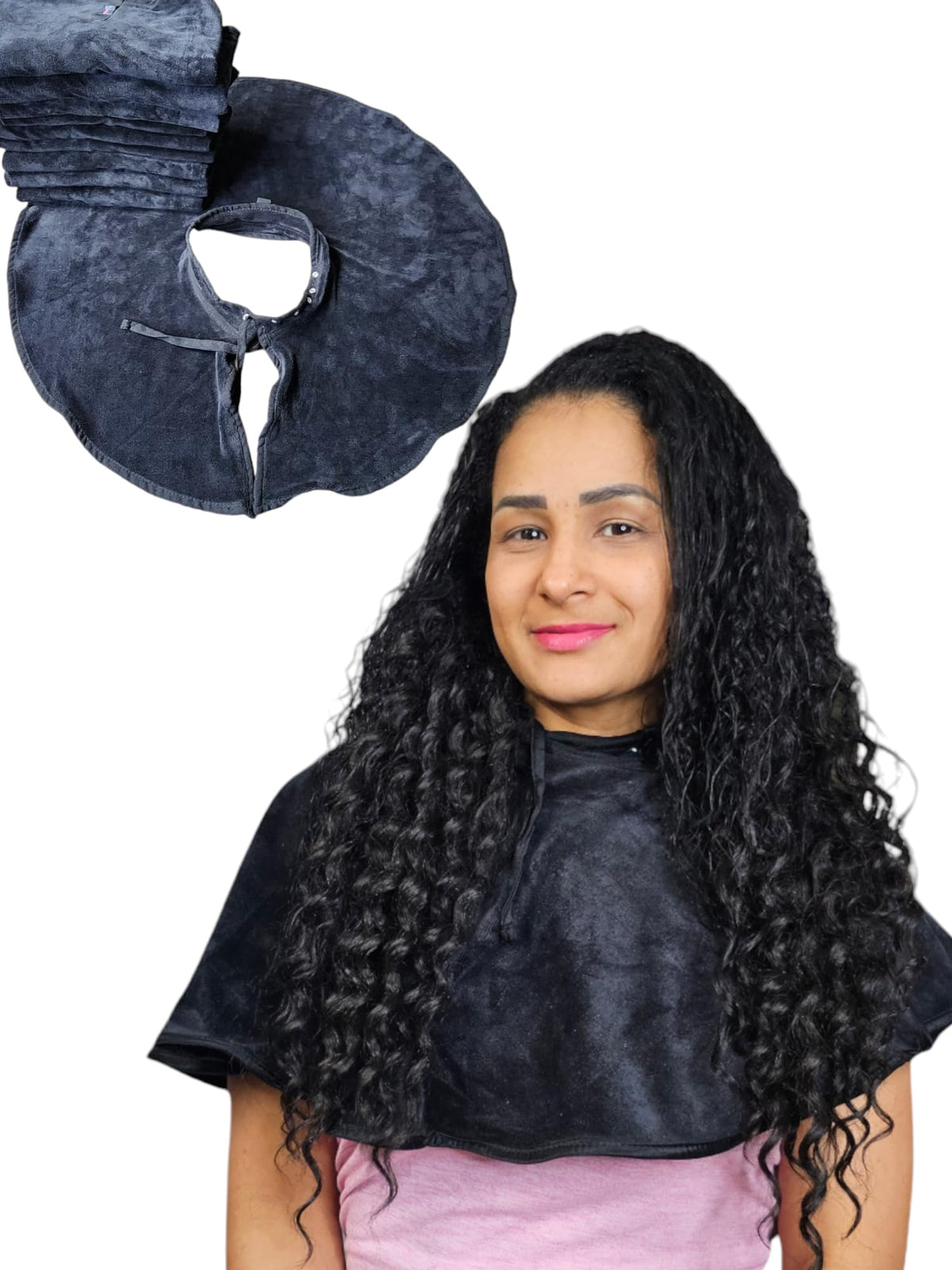 JADASH PRODUCTS black microfiber shoulder towel offers bleach protection for salon color sessions.