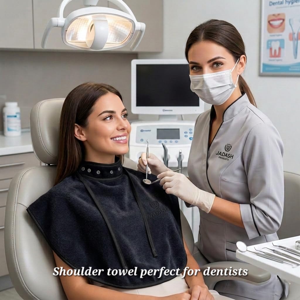 JADASH shoulder towel with inner collar provides secure fit during dye and bleaching services.