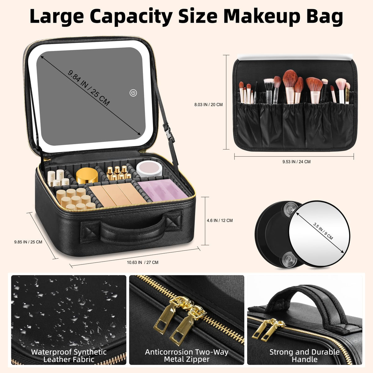 Detachable 10x magnifying mirror aids precise makeup application.