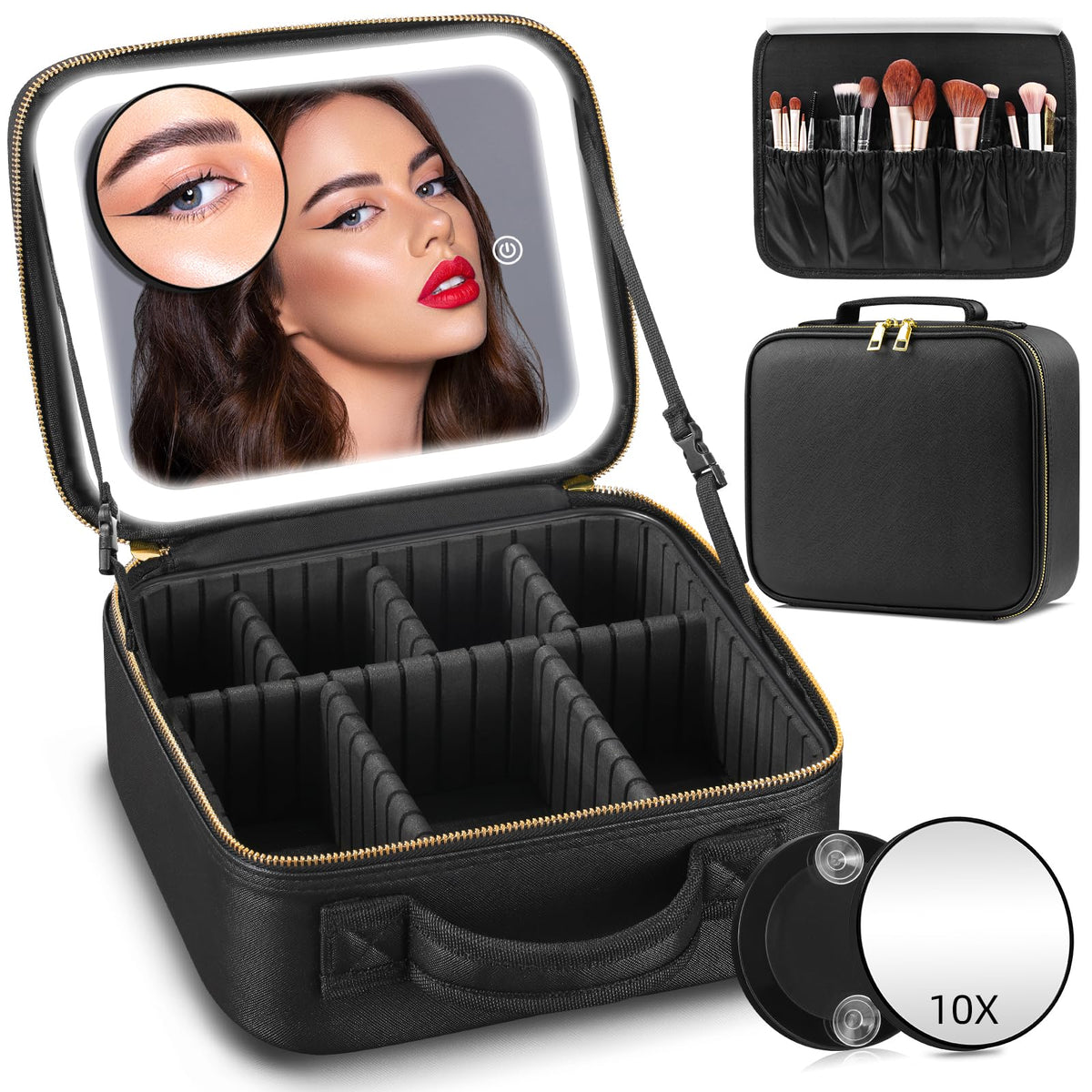 Jadazror makeup bag with mirror and light in front view for travel-ready organization.