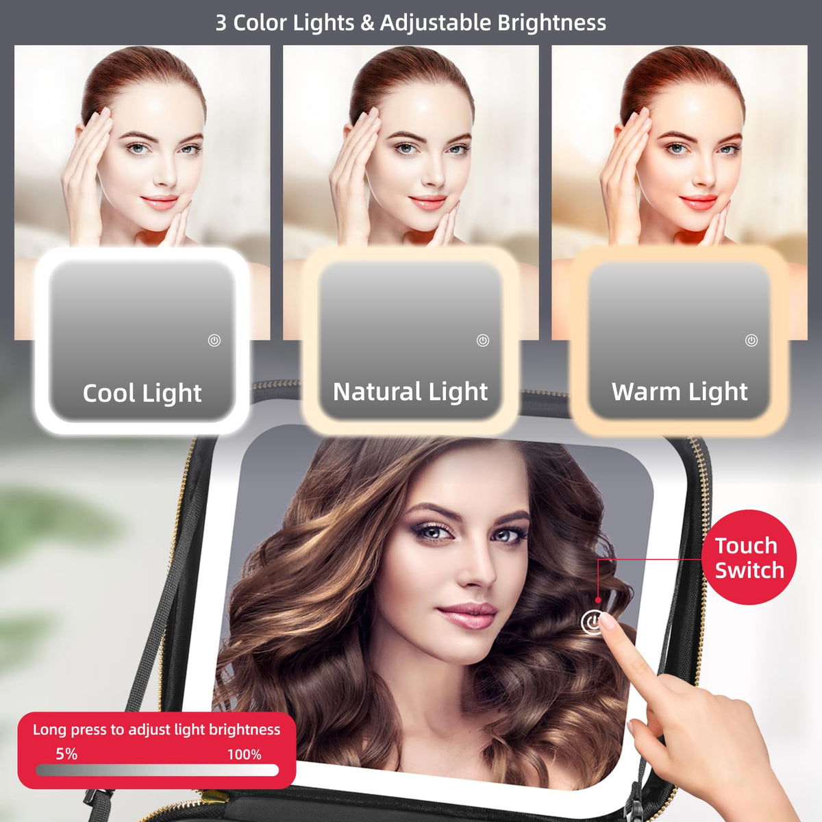 Interior with Jadazror bag showing three lighting modes for makeup accuracy.