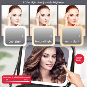 Interior with Jadazror bag showing three lighting modes for makeup accuracy.