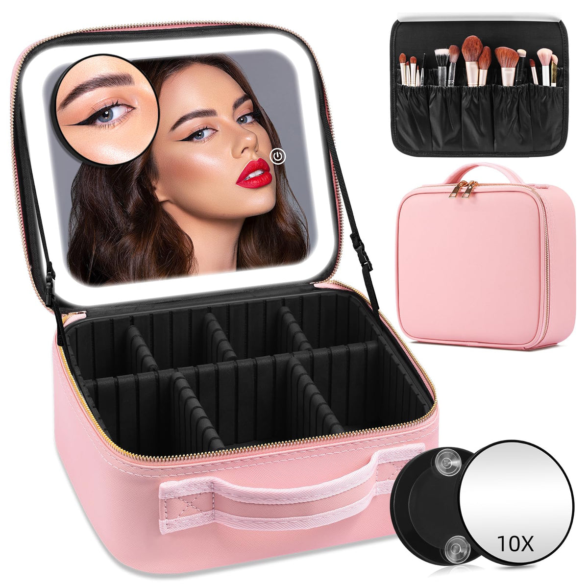 Jadazror makeup case with lighted mirror open for quick makeup routine