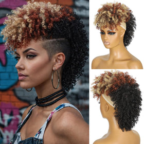 Jadeadyseg Mohawk Wig with kinky curls in natural black, ideal for daily bold looks.