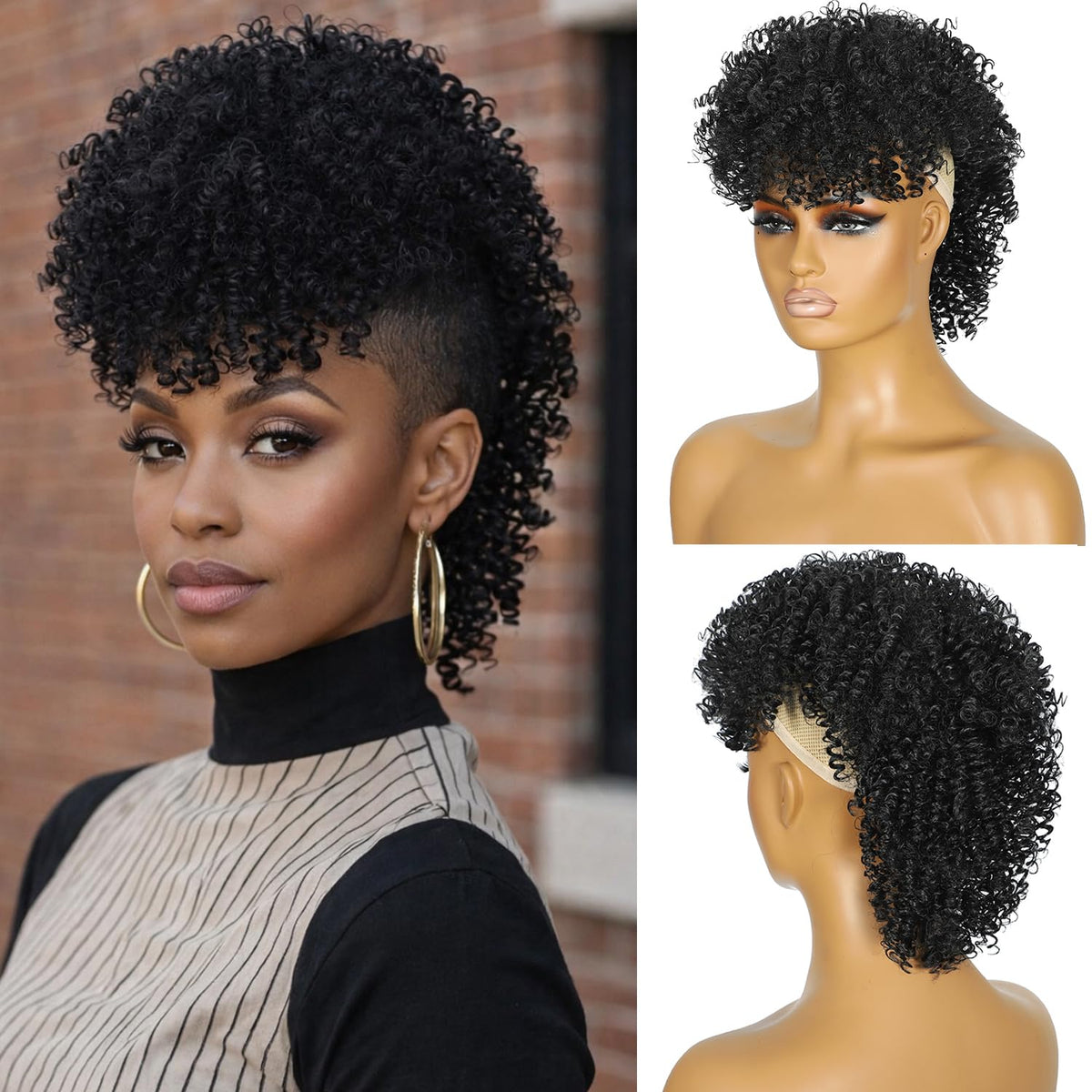 Jadeadyseg Mohawk wig with kinky curls and bangs adds natural volume for daily wear.