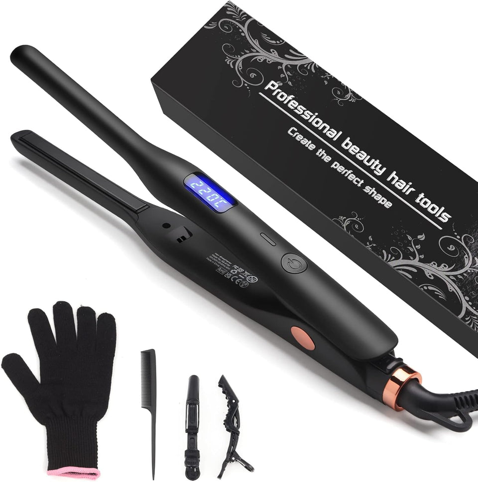 JAETON hair straightener pencil flat iron closeup showing the 9mm ceramic plate for precise styling.