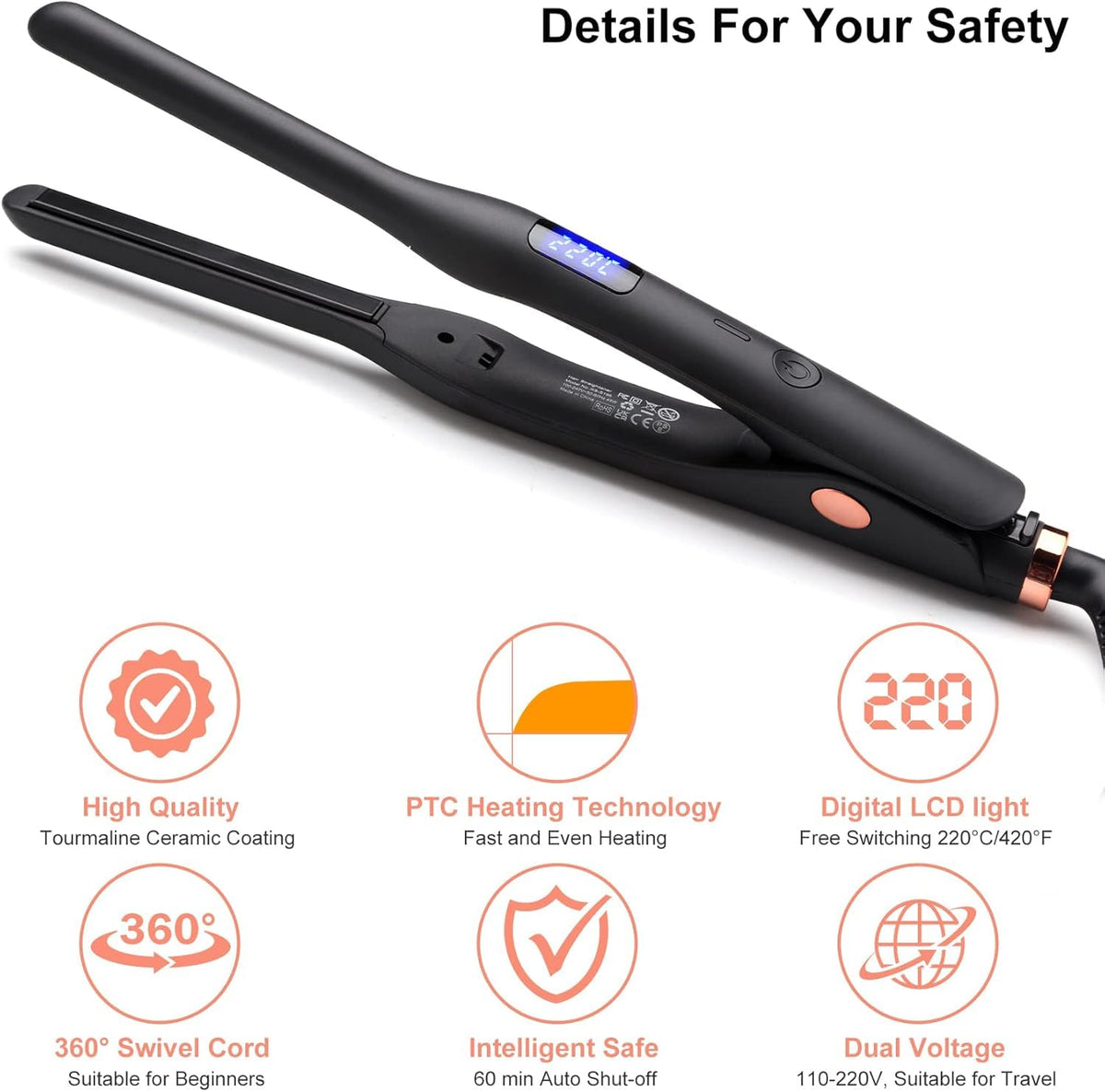 JAETON hair straightener pencil flat iron digital display shows real-time temperature.