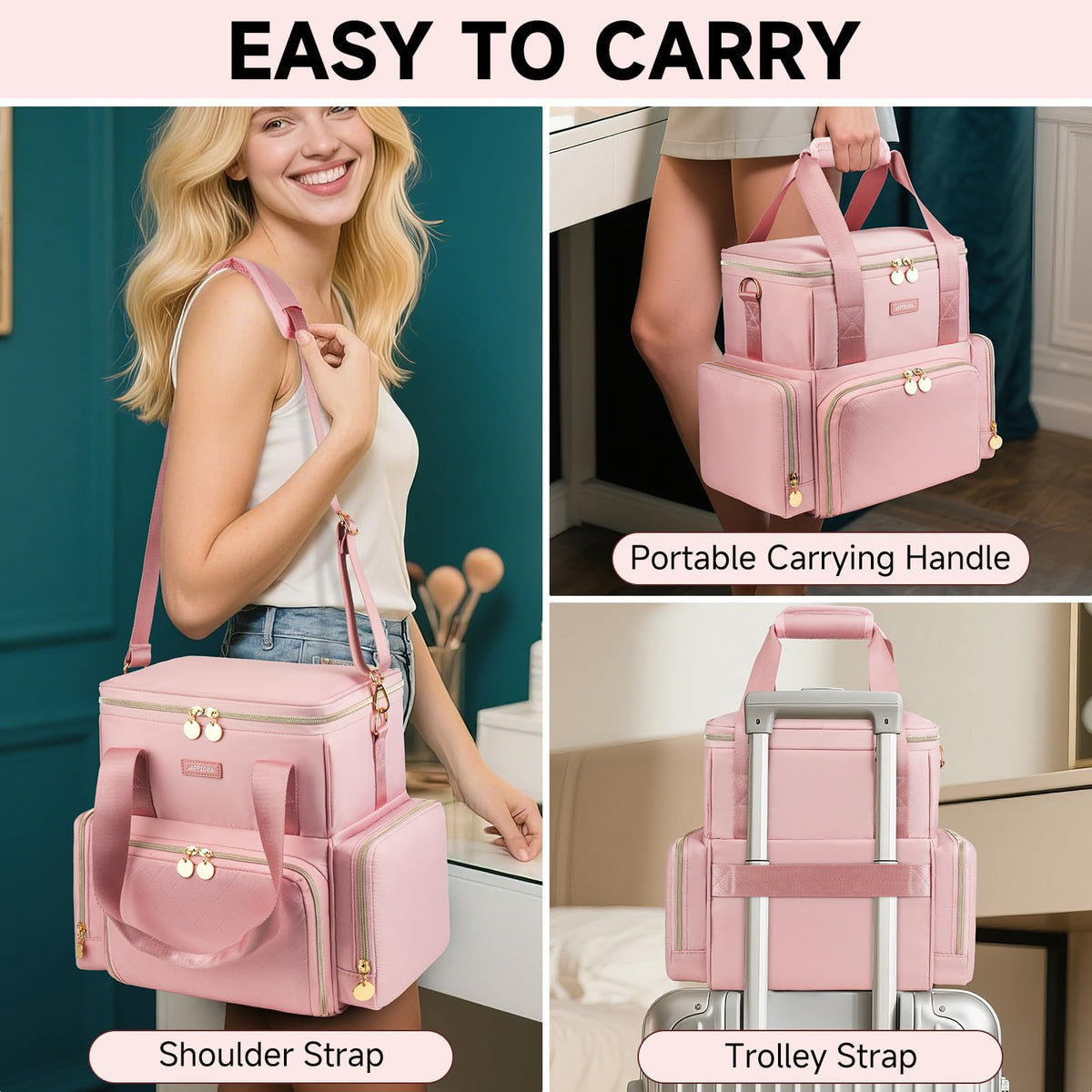 Jaffzora Extra Large Makeup Bag bottom compartments: large and small cases for versatile organization.
