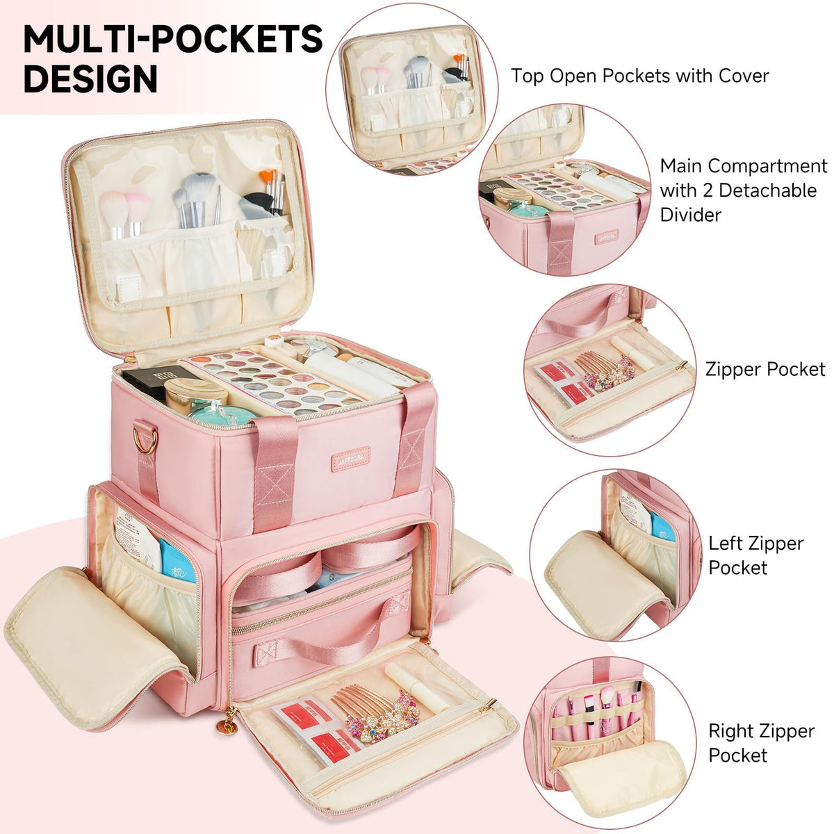 Jaffzora Extra Large Makeup Bag detachable dividers for quick access and neat categorization.