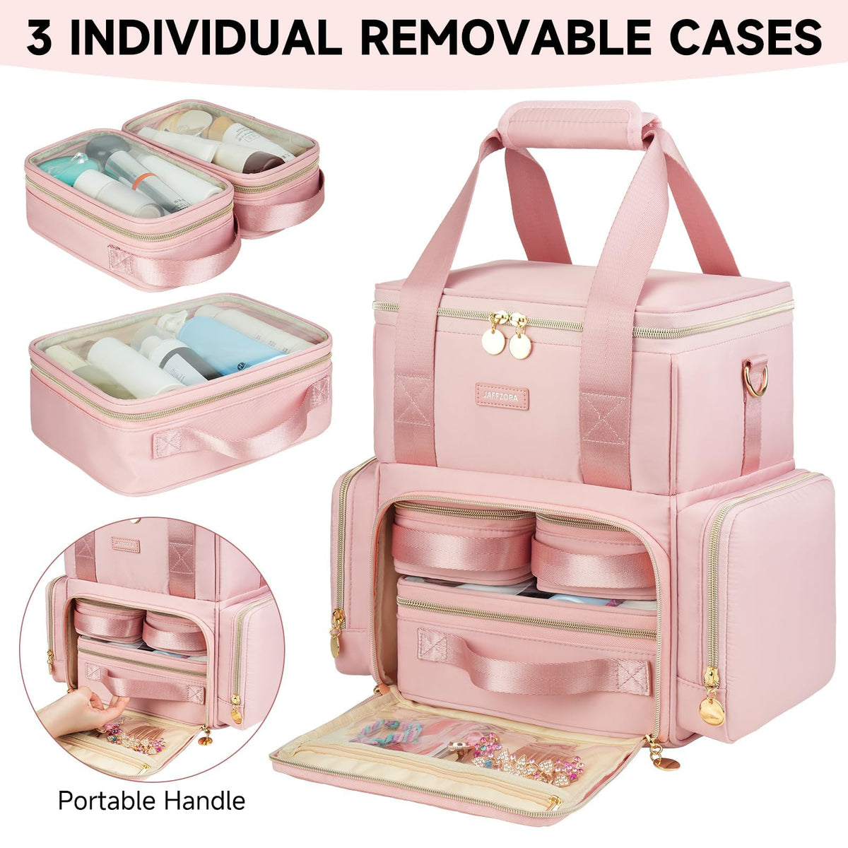 Jaffzora Extra Large Makeup Bag side pockets for brushes and toiletries on the go.