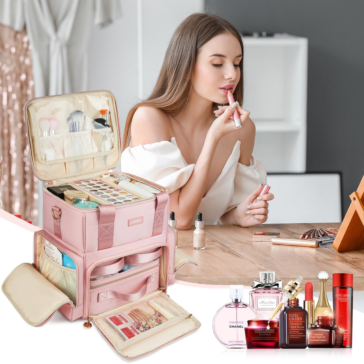 Jaffzora Extra Large Makeup Bag waterproof fabric protecting cosmetics during travel and daily use.