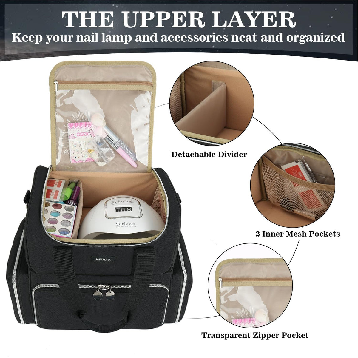 Jaffzora bottom layer with two pouches holds up to 80 bottles securely.