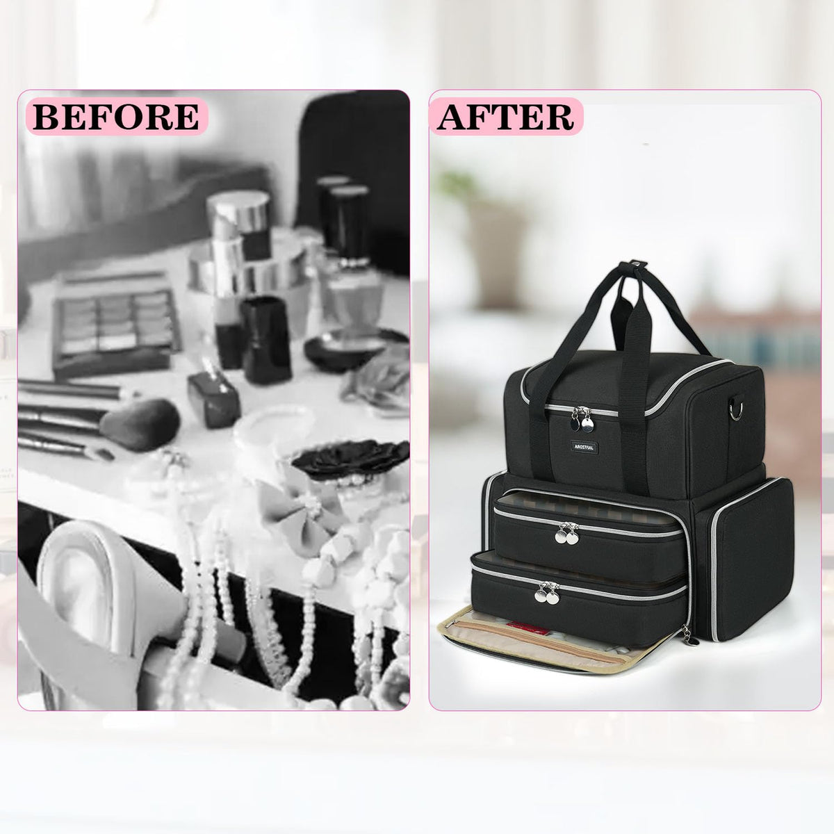 Jaffzora travel-ready handle and strap simplify carrying on the go.