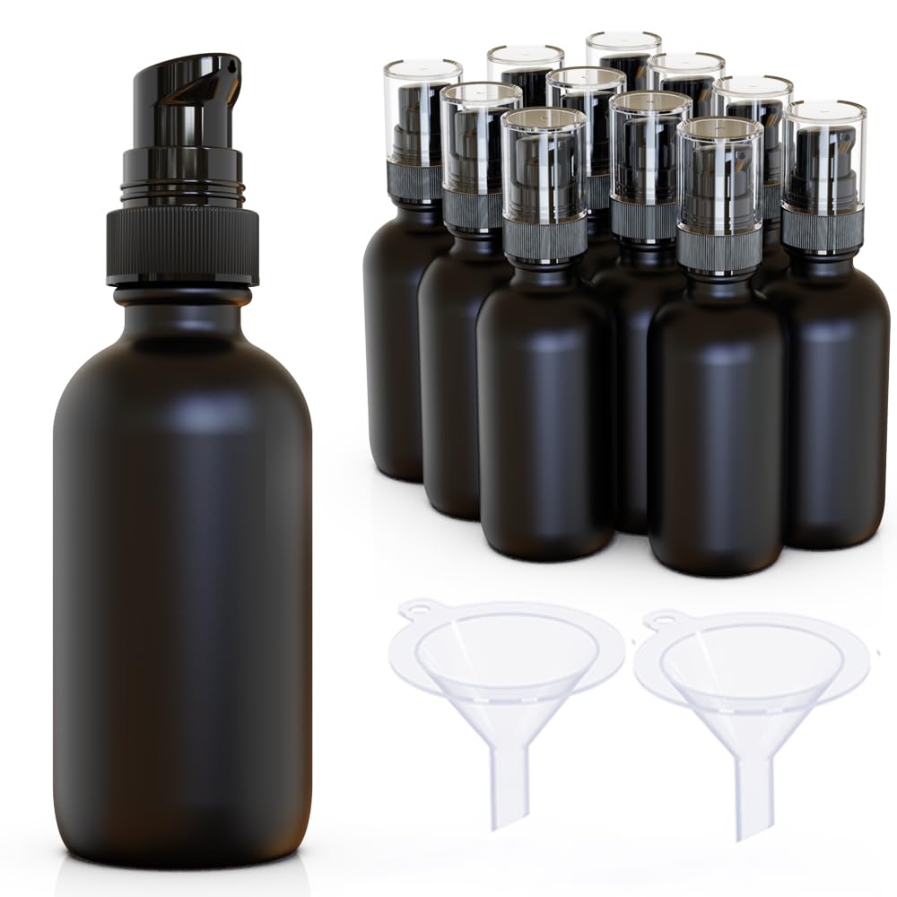 Jagolain 12-pack black glass bottles with pumps for travel-sized solutions.