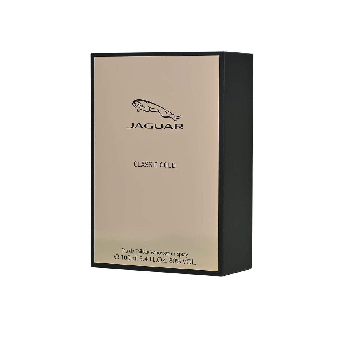 Jaguar Classic Gold bottle side view, sleek design suited for refined style.