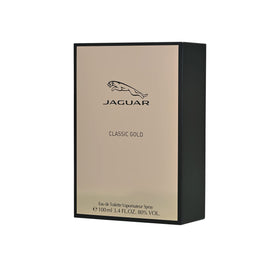 Jaguar Classic Gold bottle side view, sleek design suited for refined style.