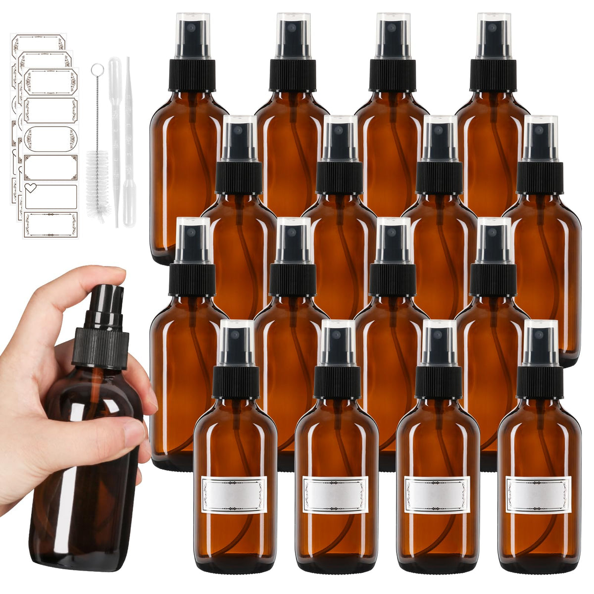 Jaisie.W 4oz amber glass spray bottle setup showing durable, leak-free storage for oils and fragrances.