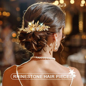 JAKAWIN Gold crystal hair comb enhances a wedding hairstyle with subtle shine.