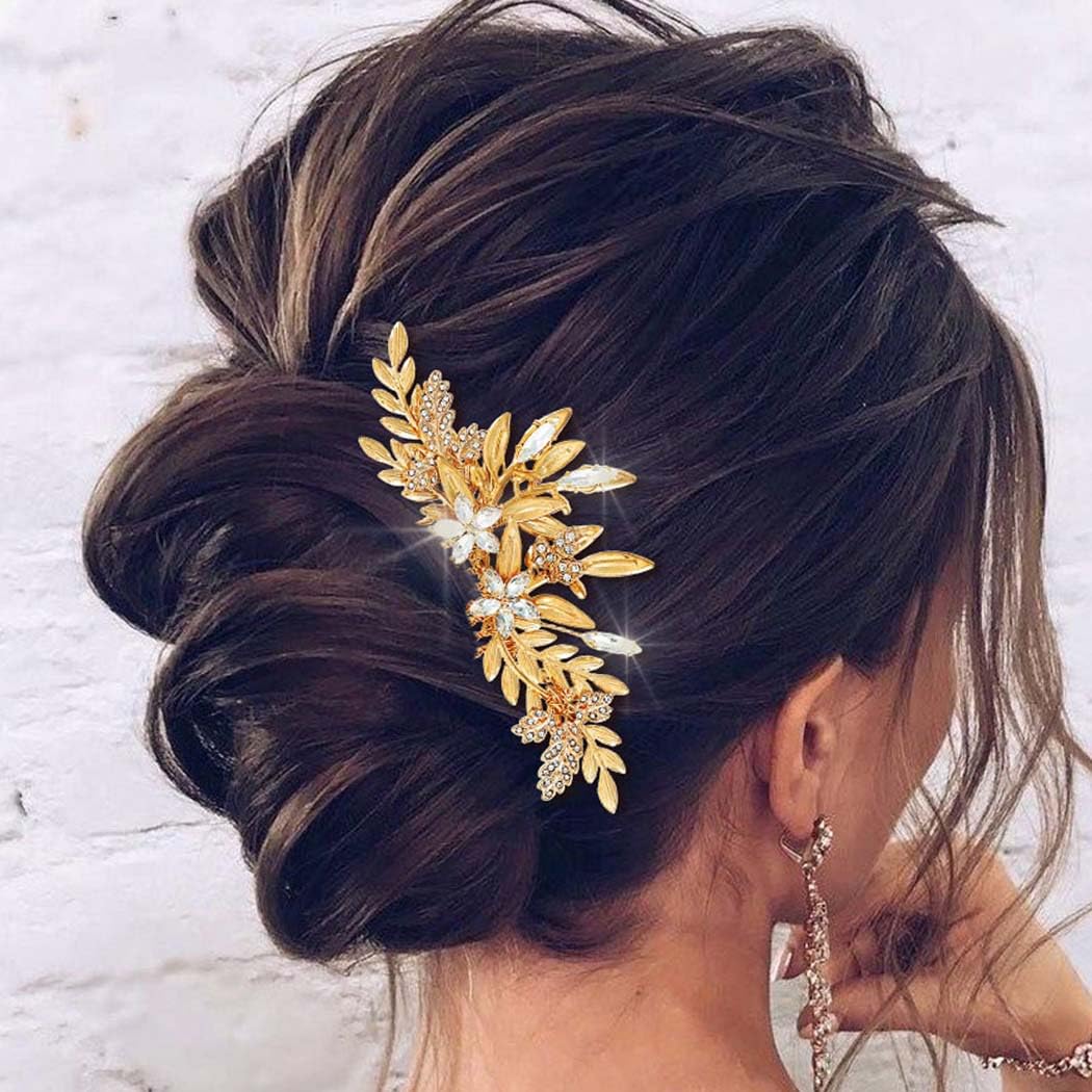 JAKAWIN Leaf Bride wedding hair comb with gold crystals for a secure bridal look.