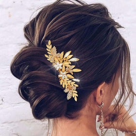 JAKAWIN Leaf Bride wedding hair comb with gold crystals for a secure bridal look.