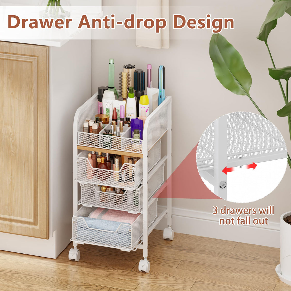 Jakyitvi rolling makeup cart top rail keeps items secure during movement