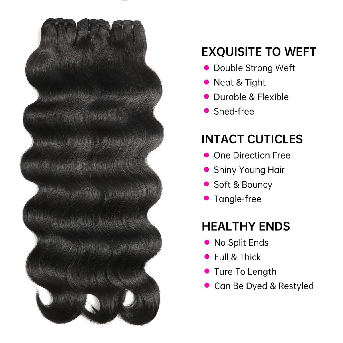 Jaliyah 12A body wave bundles double-machine weft detail shows strength