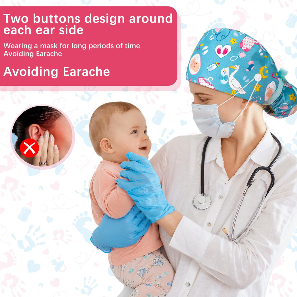 Jamntower bouffant cap with sweatband and side buttons secures mask straps.