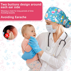 Jamntower bouffant cap with sweatband and side buttons secures mask straps.