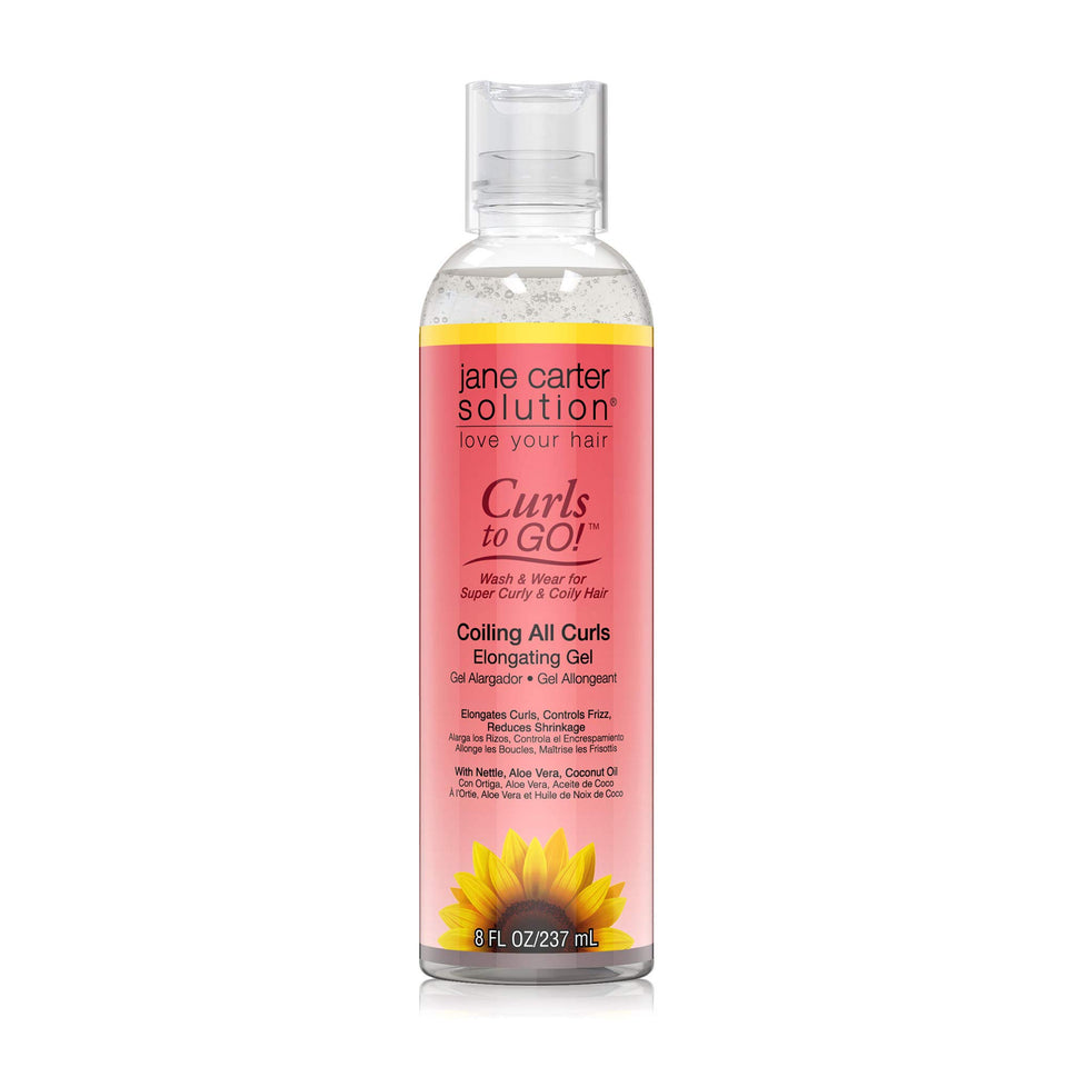 Jane Carter Solution Curls to Go bottle applying gel to define curls and reduce shrinkage