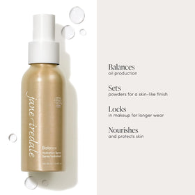Jane Iredale Balance Hydration Spray mist ready to set makeup with dewy finish.
