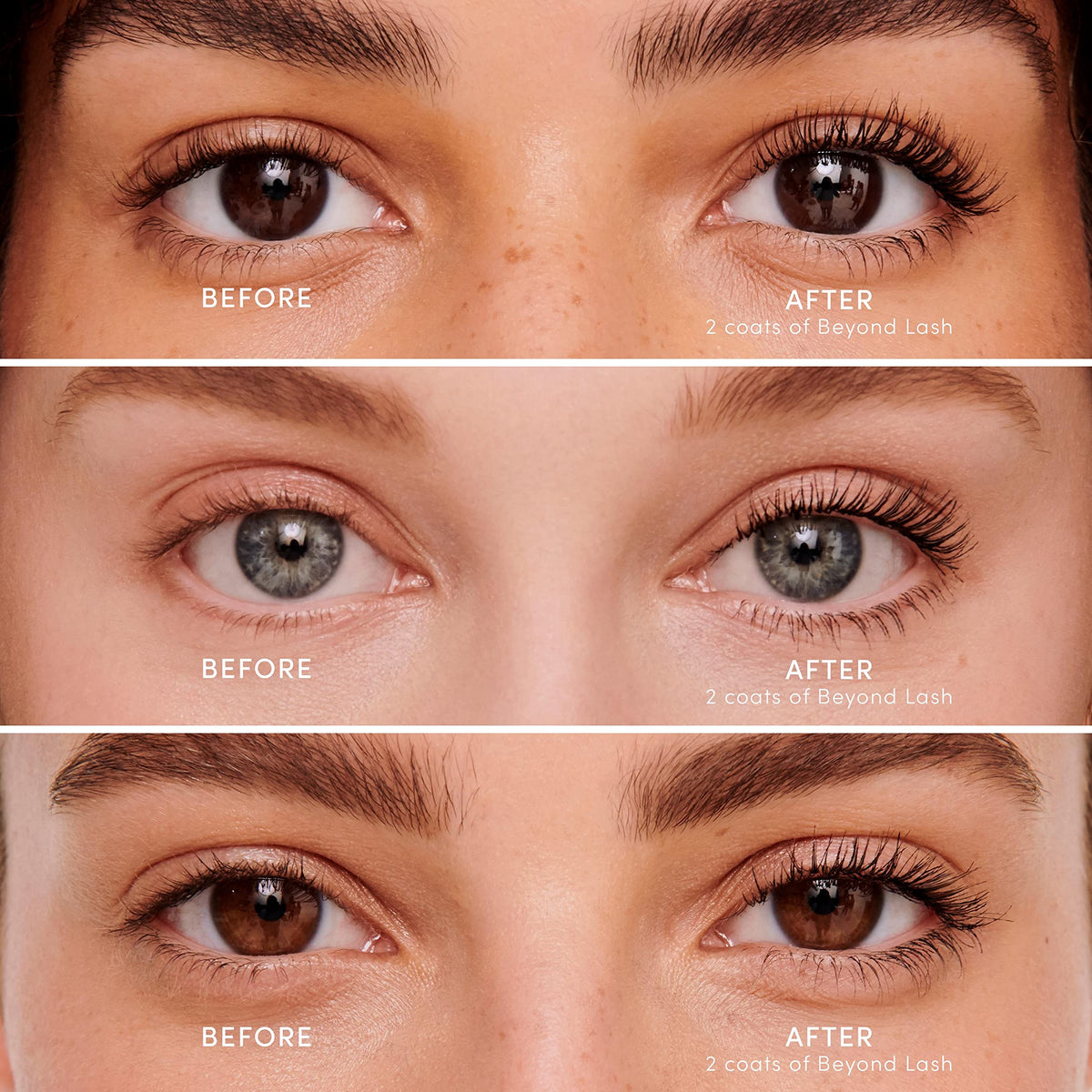 Jane Iredale Beyond Lash Mascara wand application demonstrates lengthening and separation on lashes.