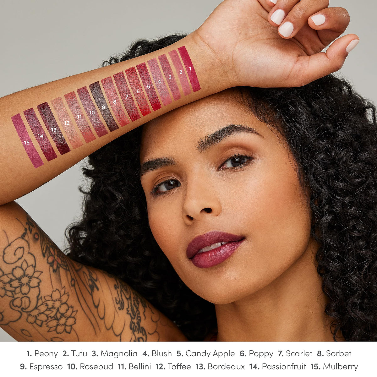 jane iredale ColorLuxe Lipstick on lips displays satin finish and smooth glide.