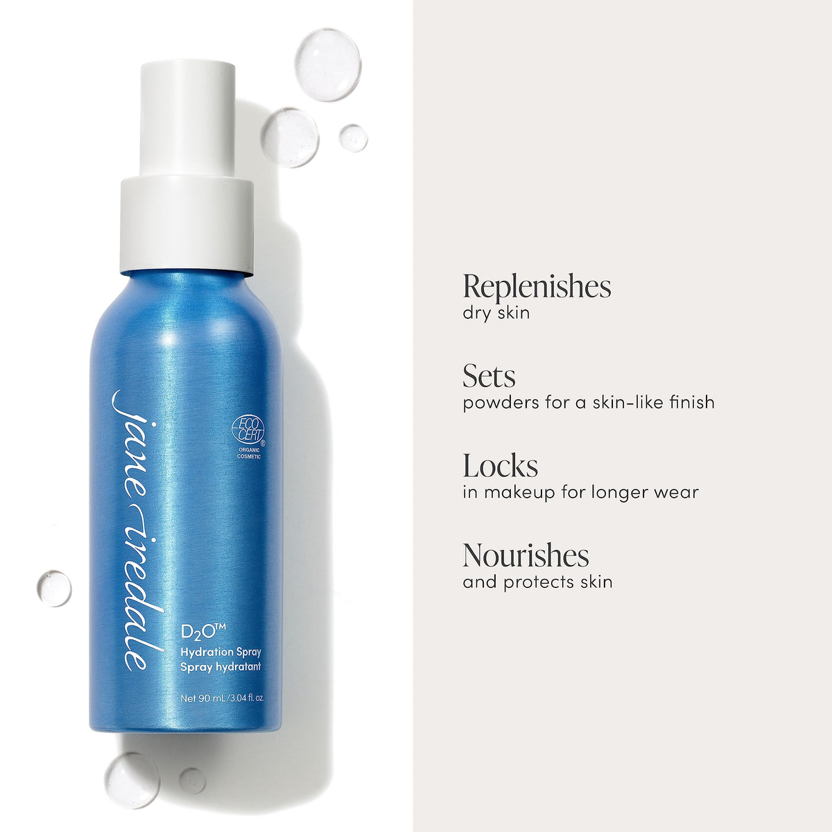 Jane Iredale D2O Hydration Spray mist delivering even spritz for quick skin refresh.