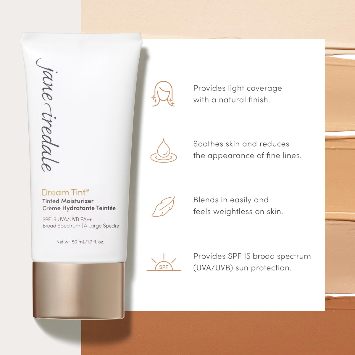 Jane Iredale Dream Tint SPF 15 shows sun protection and light water resistance.