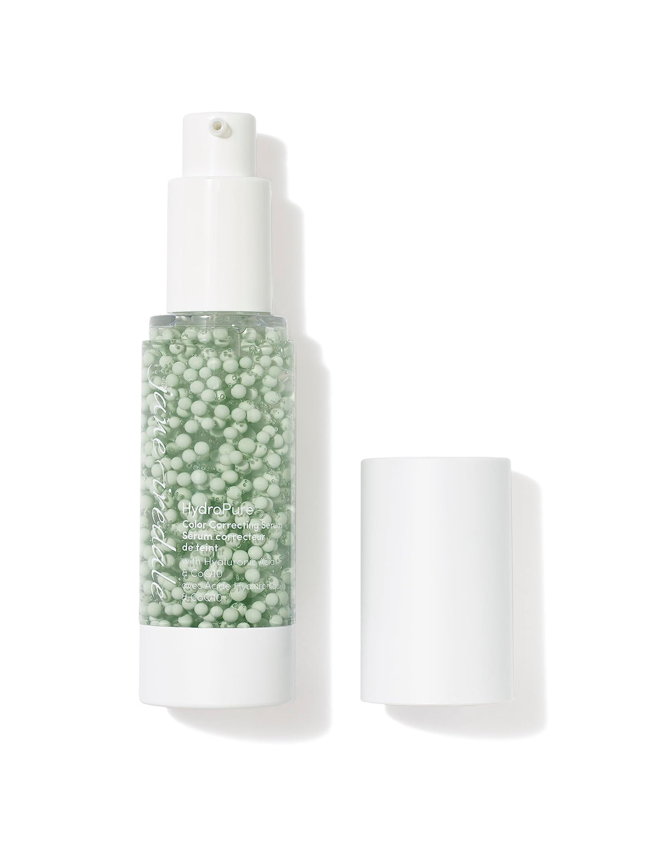 Jane Iredale HydroPure Serum bottle with green tint for redness neutralization and hydration.