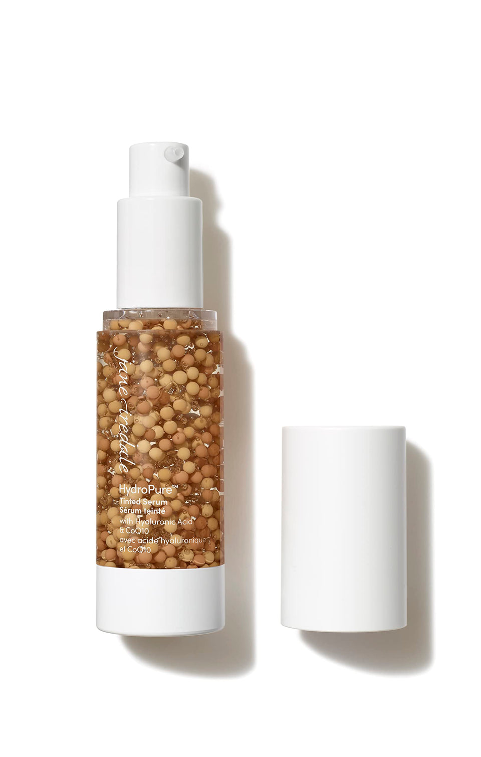 Jane Iredale HydroPure tinted serum bottle close-up shows hydrating formula and sheer coverage.