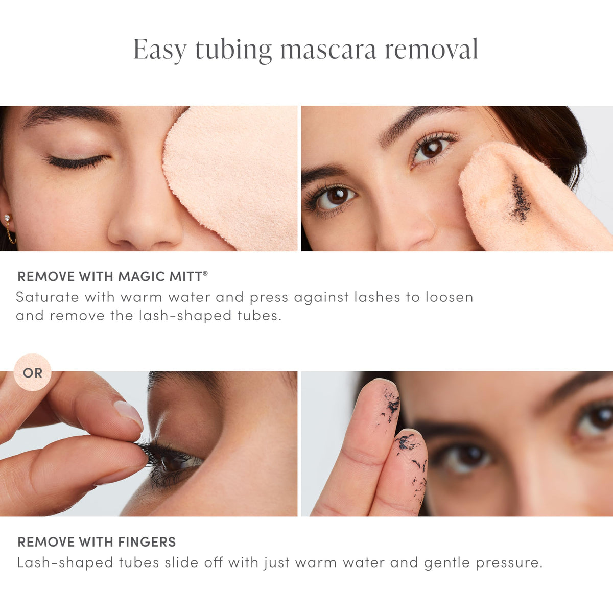 Jane Iredale Lash Fixation warm-water removal for gentle cleanse.