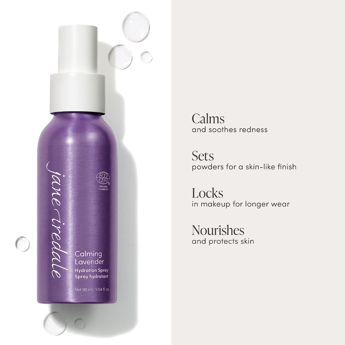 Mist application of Jane Iredale Lavender Calming Hydration Spray supports makeup longevity