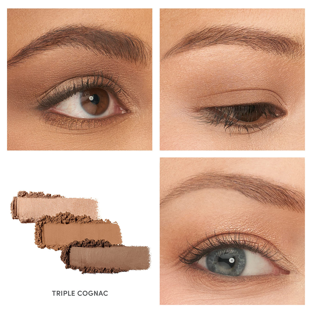 jane iredale PurePressed Eye Shadow Triple Cognac closeup highlighting creamy texture and easy blending.