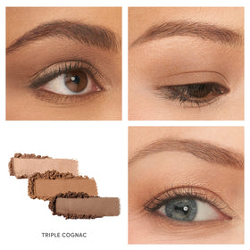 jane iredale PurePressed Eye Shadow Triple Cognac closeup highlighting creamy texture and easy blending.