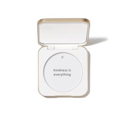 Jane Iredale refillable compact with aluminum shell protects powders on the go.
