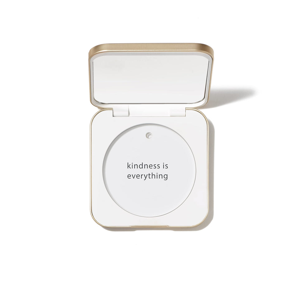 Jane Iredale refillable compact with aluminum shell protects powders on the go.