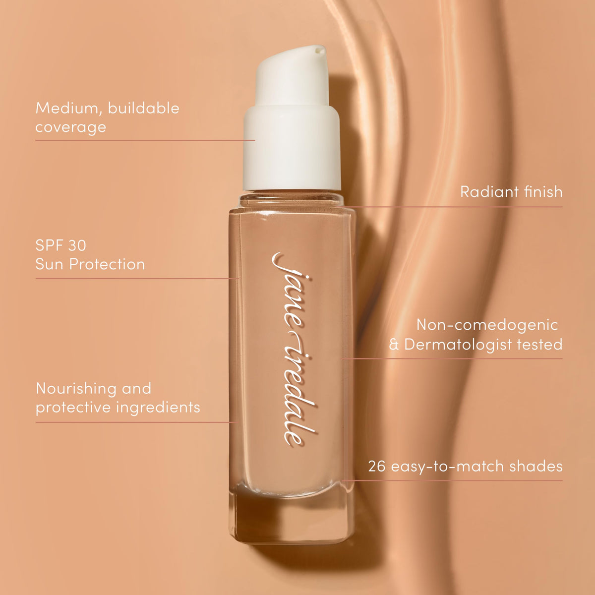 Jane Iredale Skintuition SPF 30 pump closeup protecting skin during sun exposure.