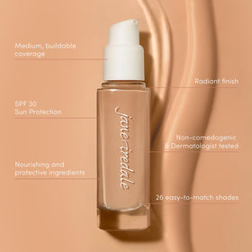 Jane Iredale Skintuition SPF 30 pump closeup protecting skin during sun exposure.