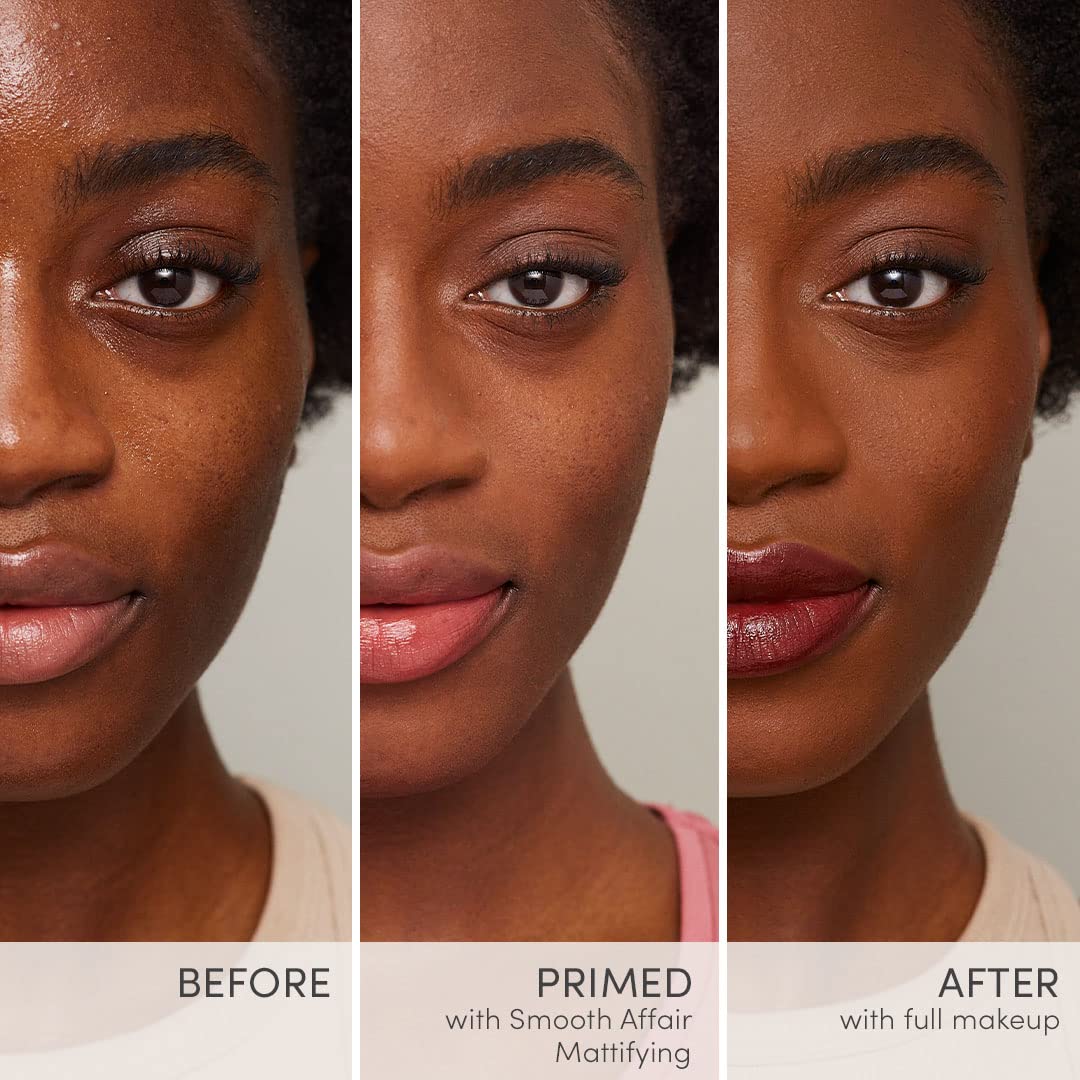 Jane Iredale Smooth Affair Mattifying Primer face closeup highlighting pore-minimized, smooth canvas.
