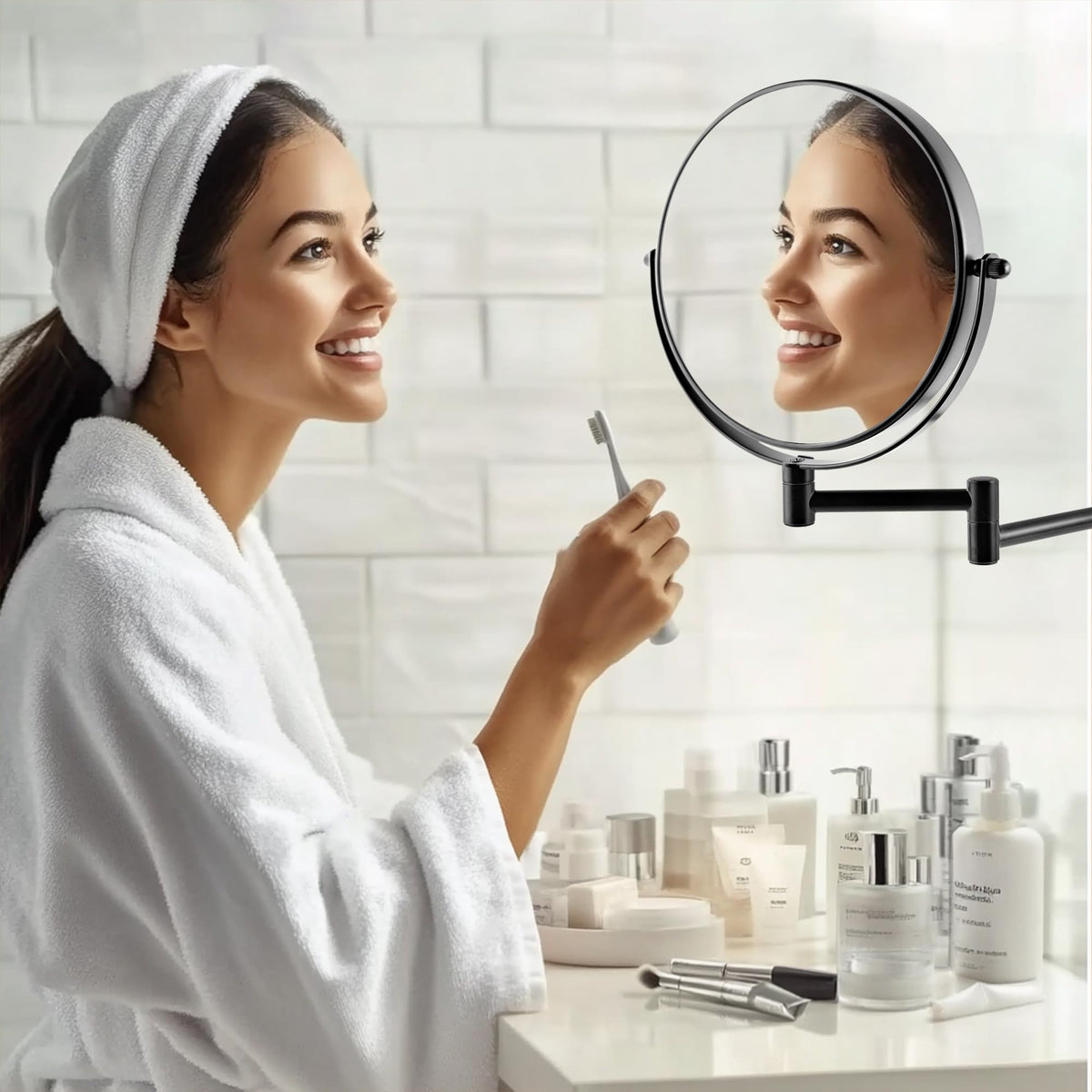 JANEEVA wall-mounted vanity mirror saves counter space