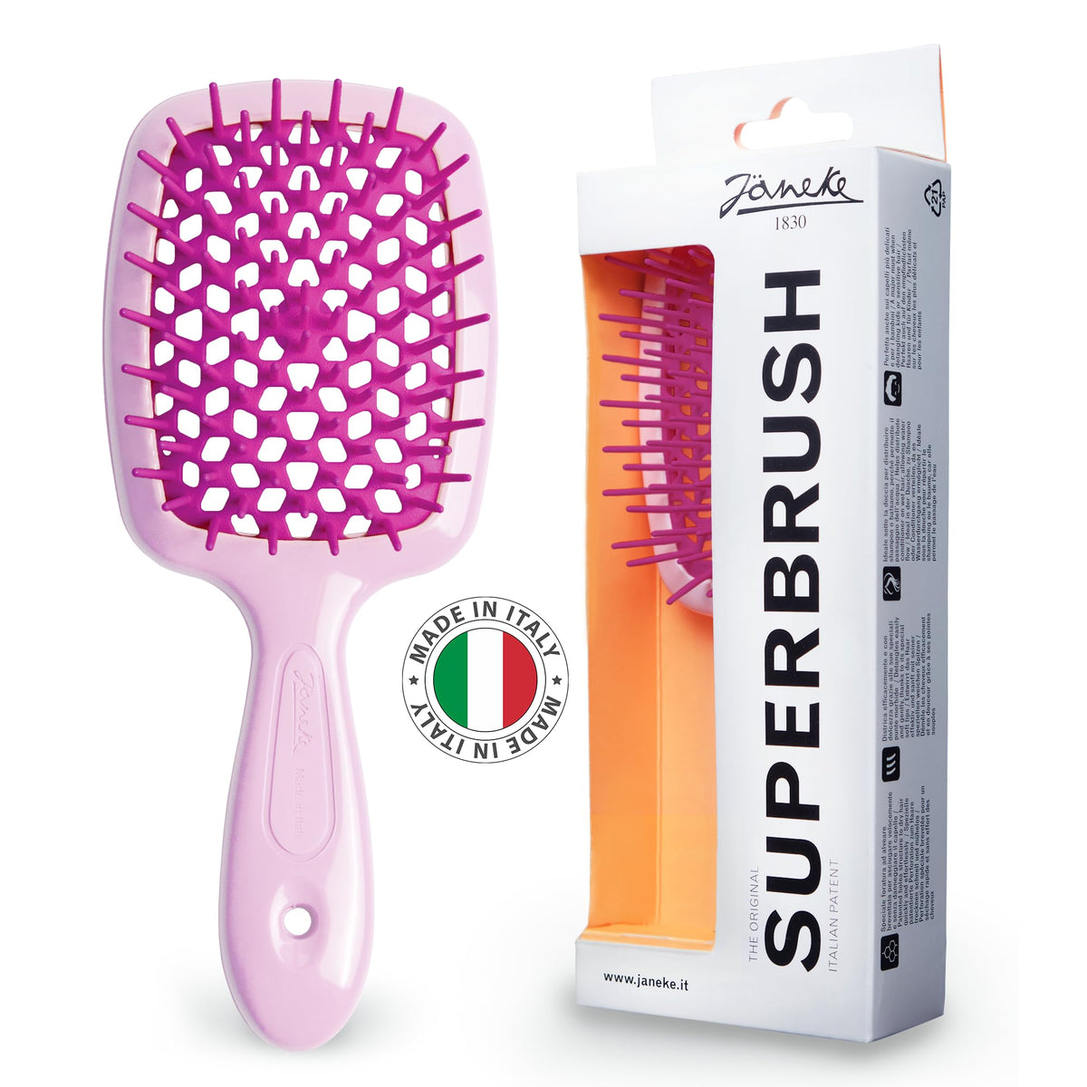 Janeke Superbrush Lilac-Fux front view with ergonomic handle for smooth detangling